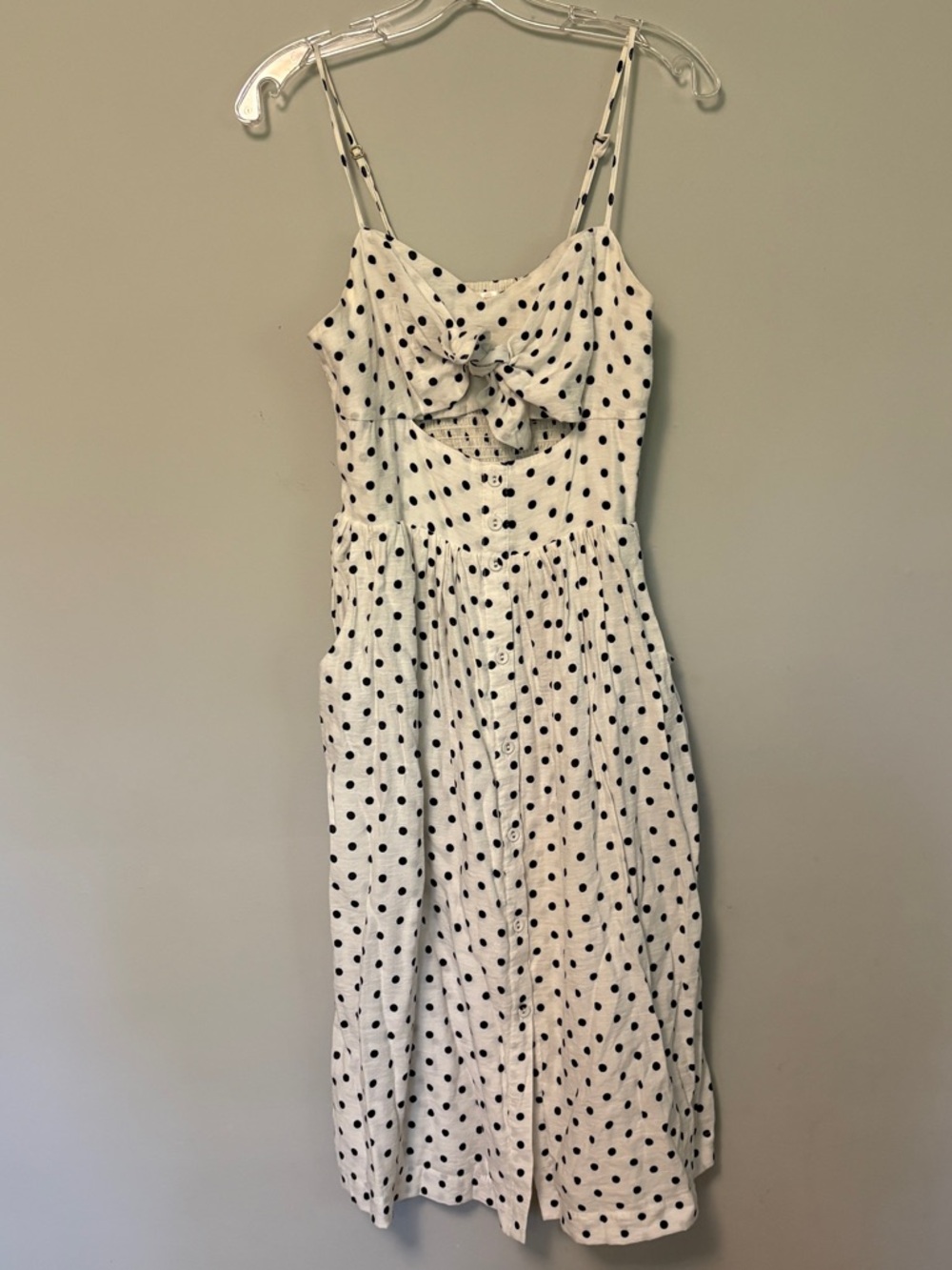 Xhilaration Womens Polka Dot Midi Dress M White Black Tie Front Keyhole Sundress